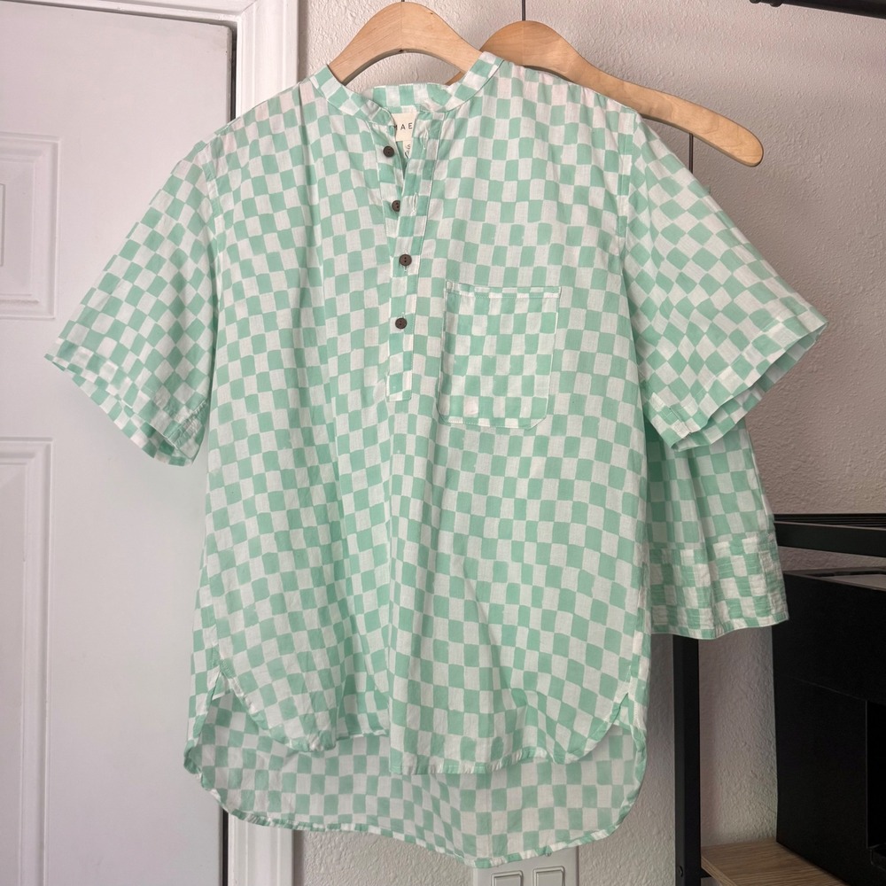 NWT MAELU green mint white checker boxy short‎ sleeve cropped shirt shorts set